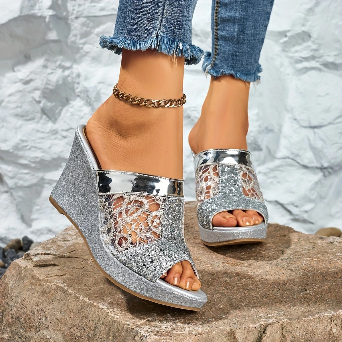 Alexis | Wedge Sandals With Lace Glitter Panel