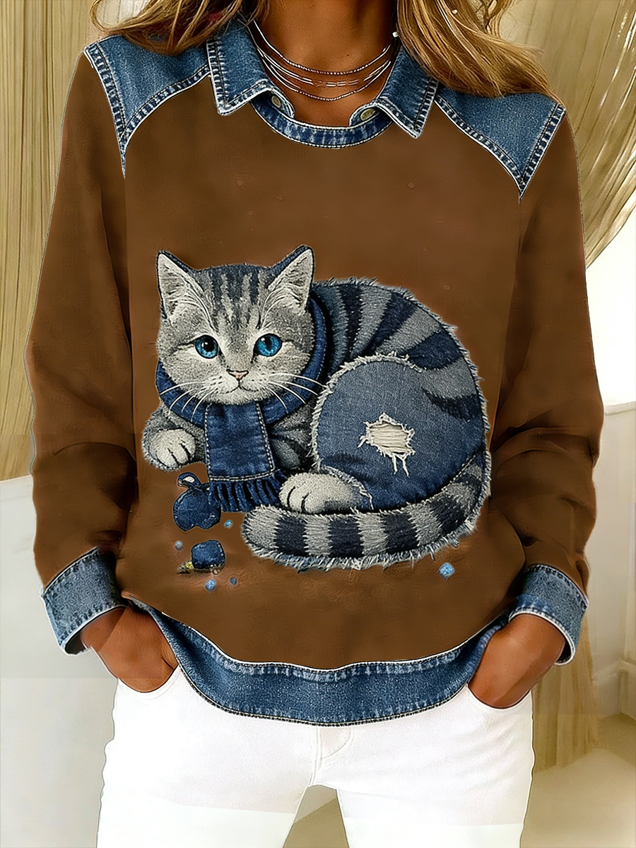 Eponin - Cat Print Patchwork Collar Sweatshirt