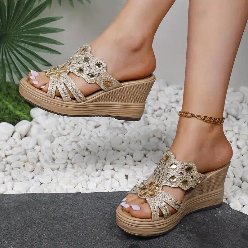 Lakeisha | Sandals Open Toe Rhinestone Wedge Heels