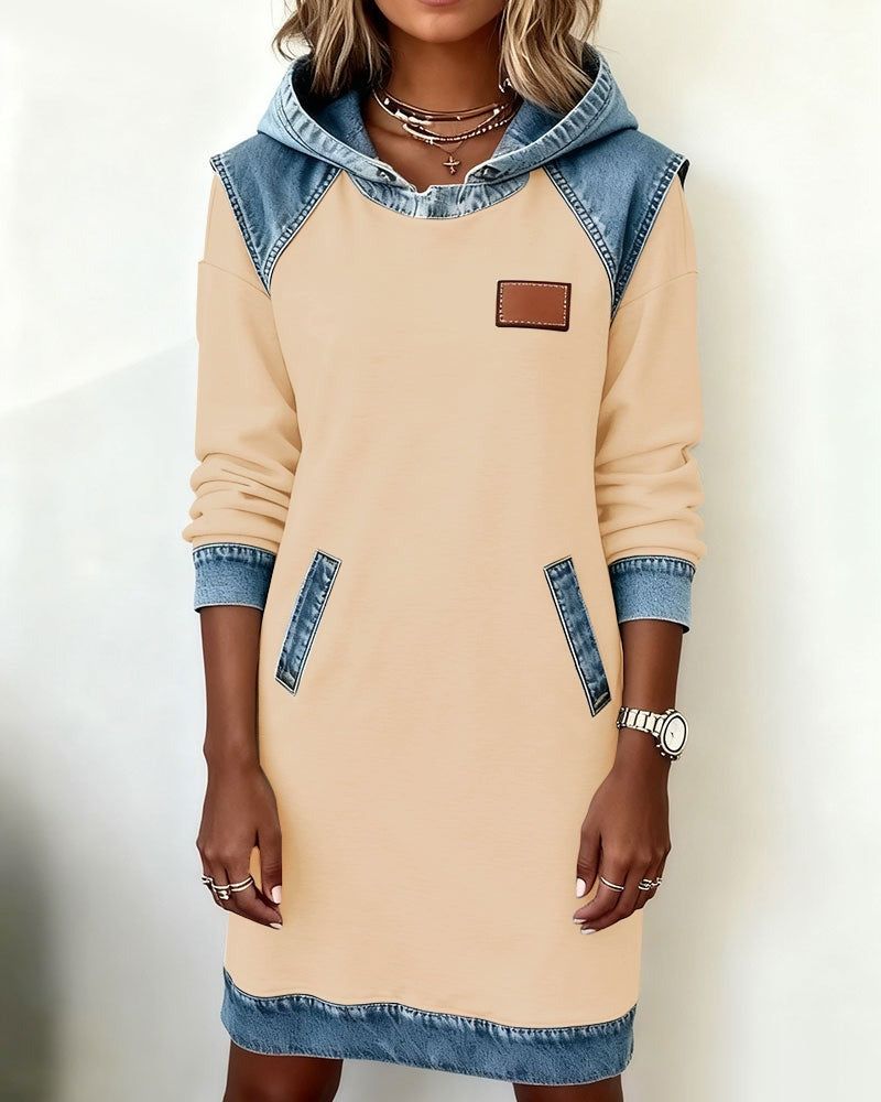 Viktoria - Hooded Denim Insert Midi Dress
