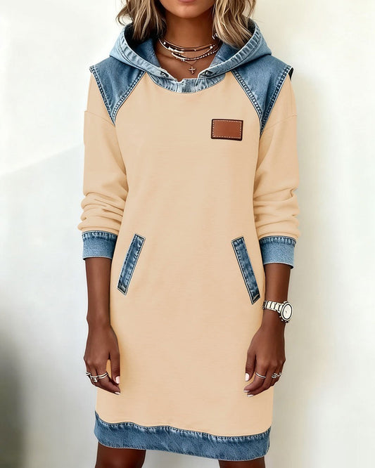 Viktoria - Hooded Denim Insert Midi Dress