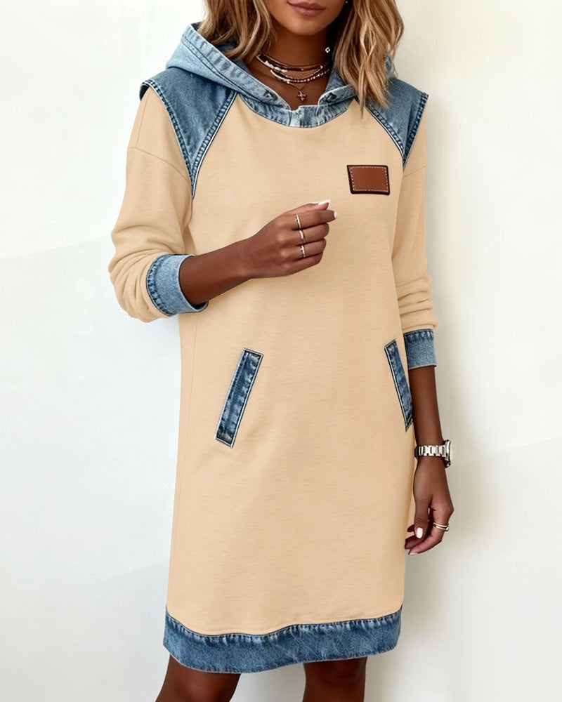 Viktoria - Hooded Denim Insert Midi Dress