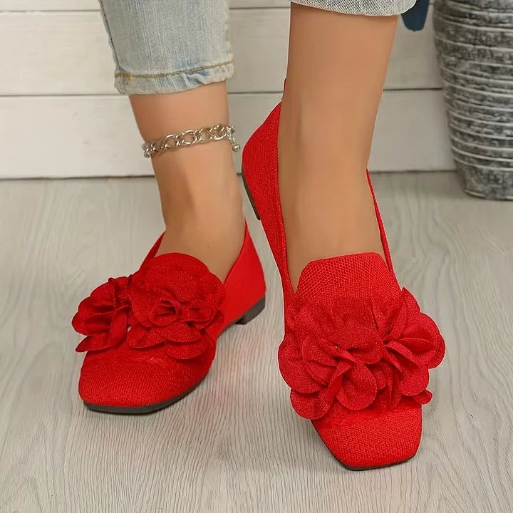 Catriona | Flower Knit Square Toe Ballet Flats