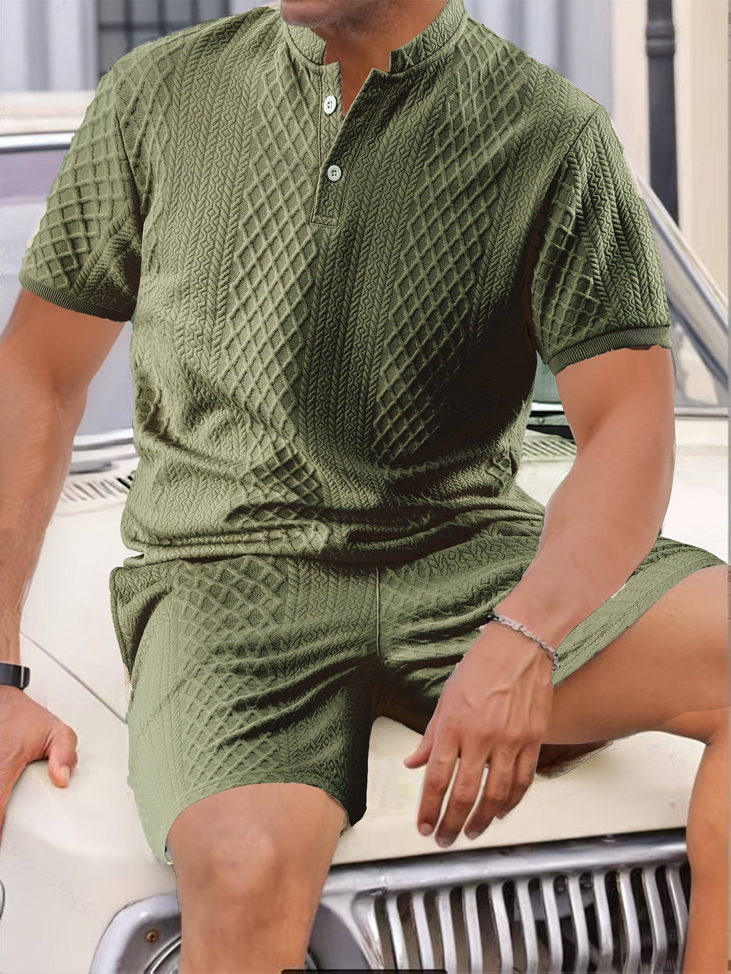 Reginald | Textured Henley Shirt and Shorts Set