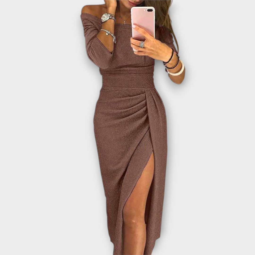 Minjee -  Off Shoulder Ruched Midi Split Dress