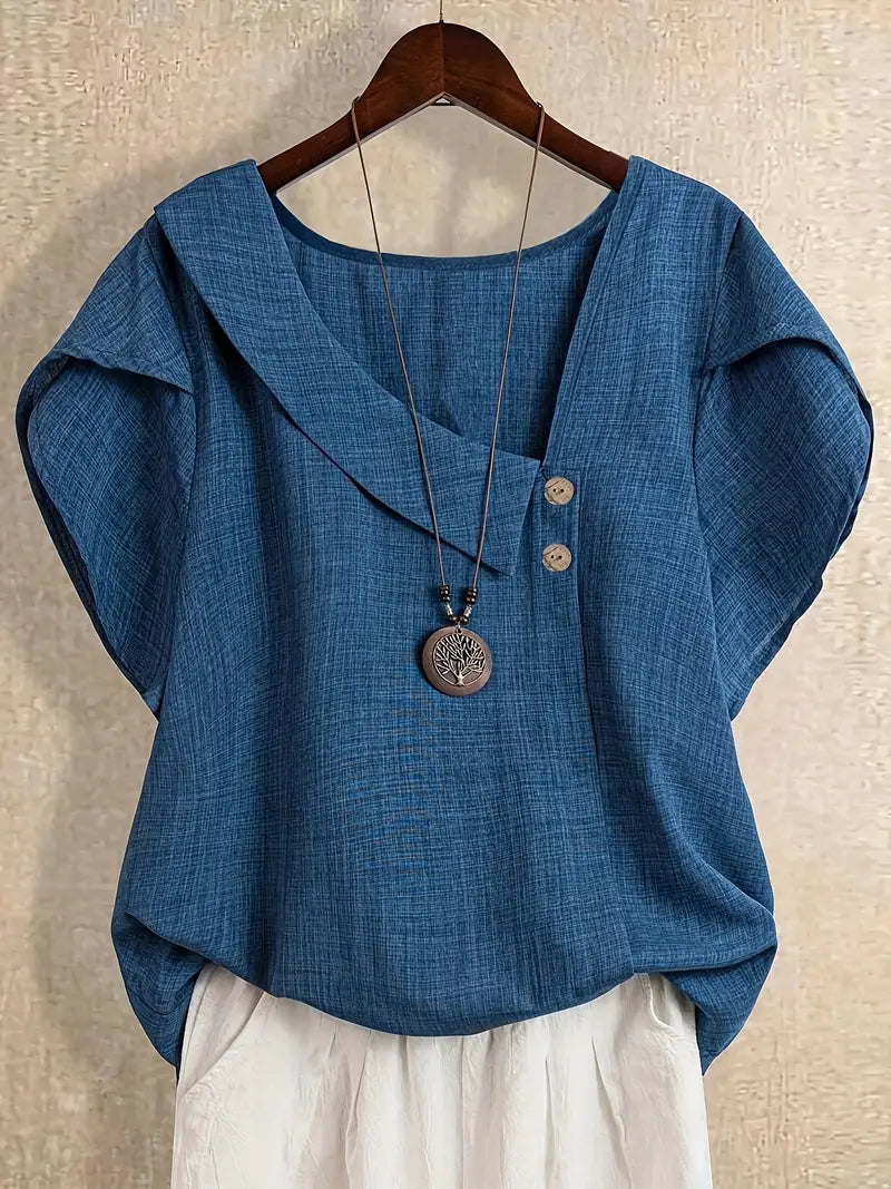 Milany | Linen Asymmetric Button Short Sleeve Blouse
