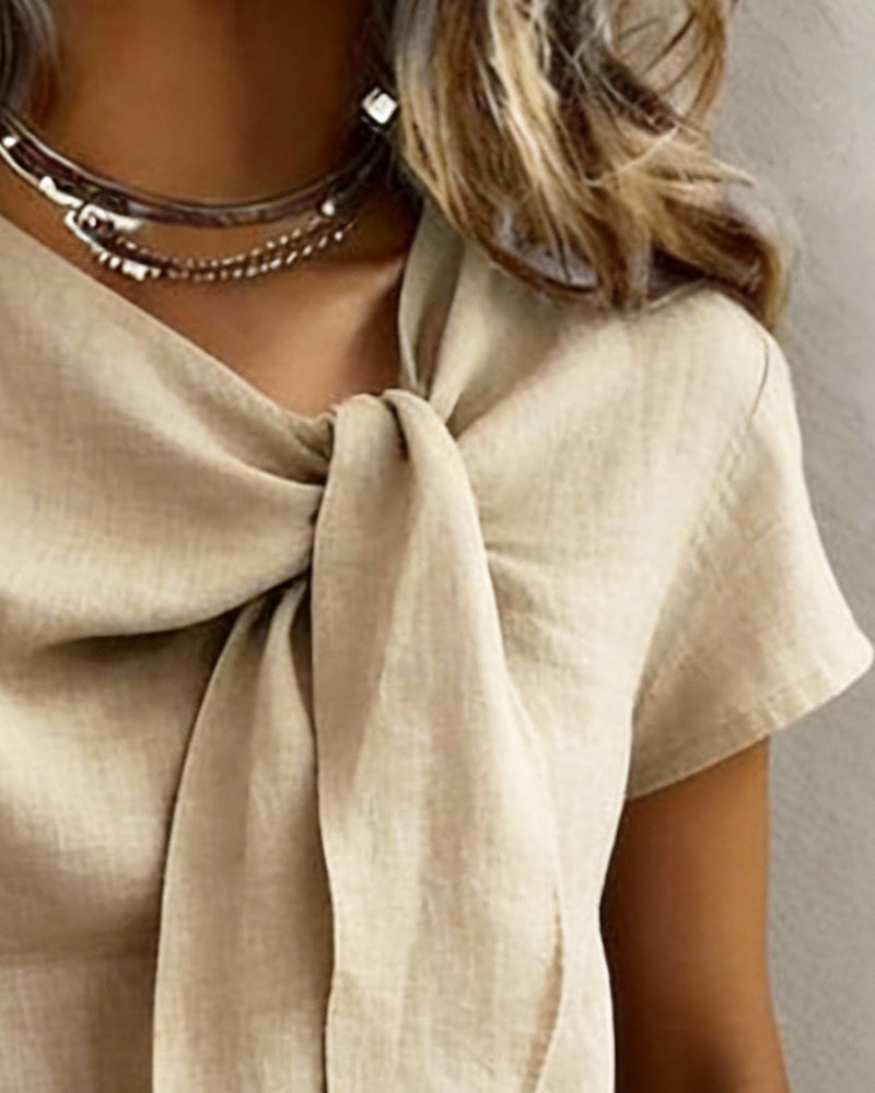 Nylisa - Tie Neck Short Sleeve Blouse