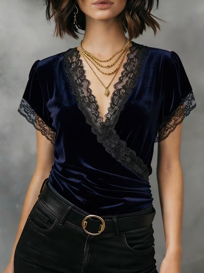 Jalisa | Velvet Lace Trim Wrap Neck Top
