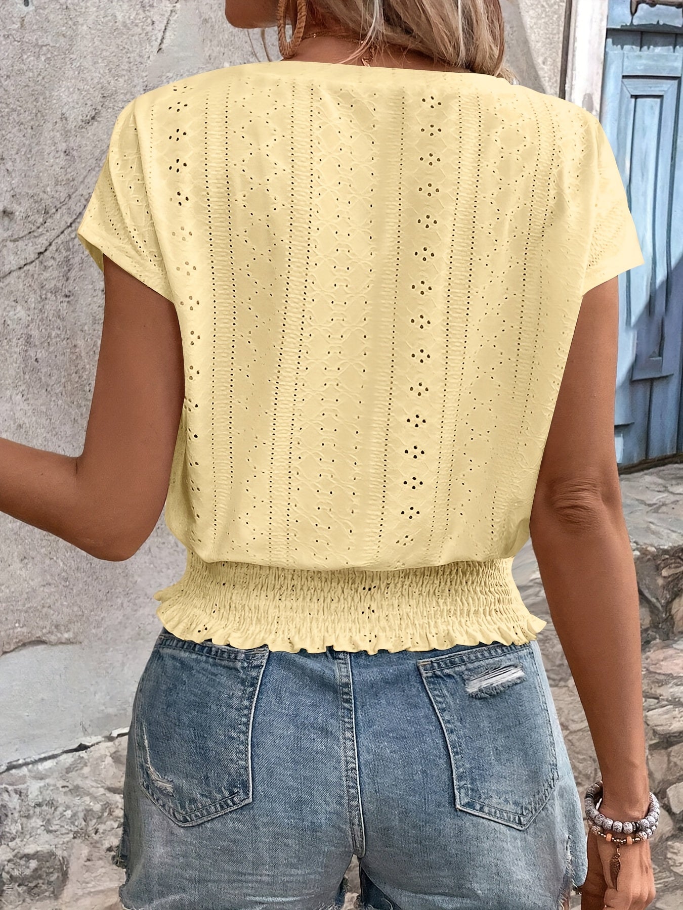 Delores - Batwing Sleeve V Neck Smocked Blouse
