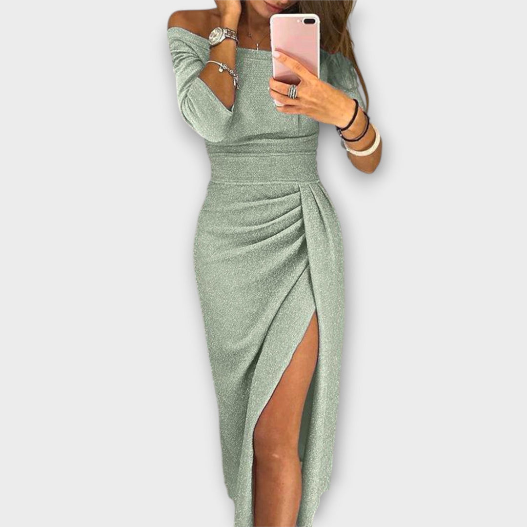 Minjee -  Off Shoulder Ruched Midi Split Dress