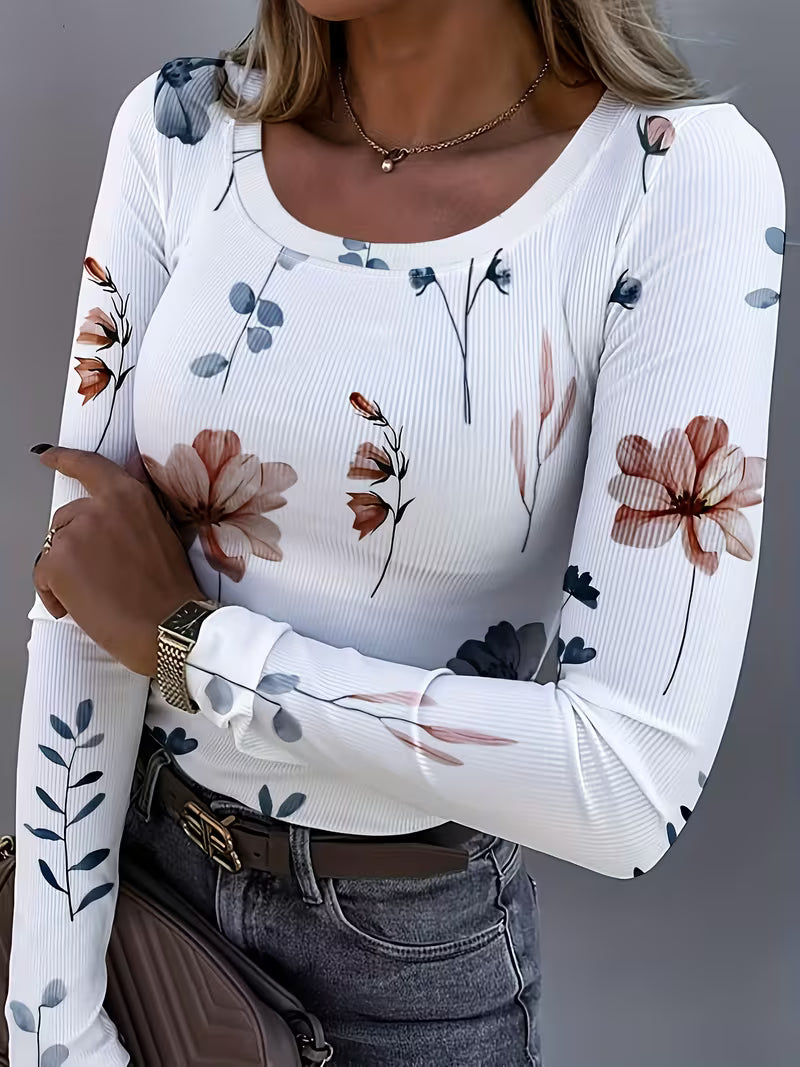 Rabiye | Long Sleeve Floral Print Ribbed Top