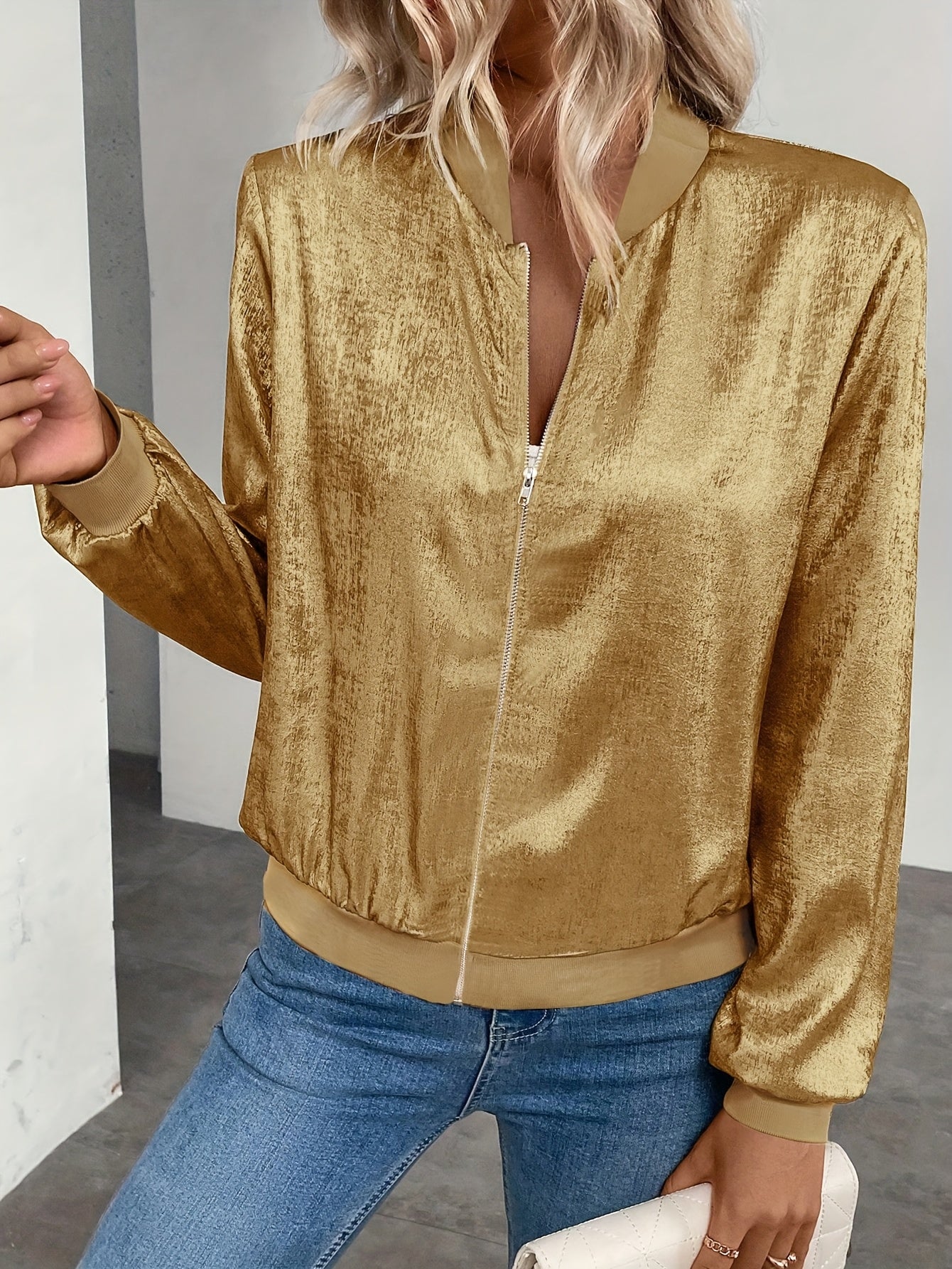 Marla | Metallic Zip-Up Long Sleeve Bomber Jacket