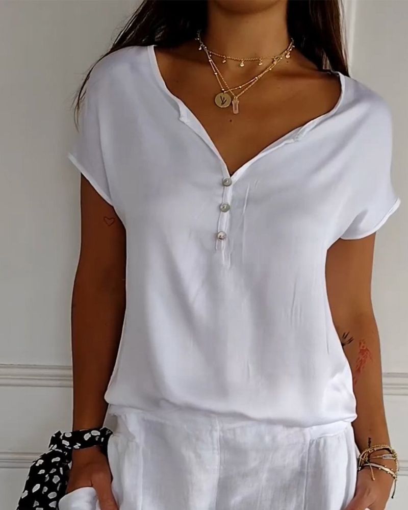 Julity | Button Neck Short Sleeve Relaxed Blouse