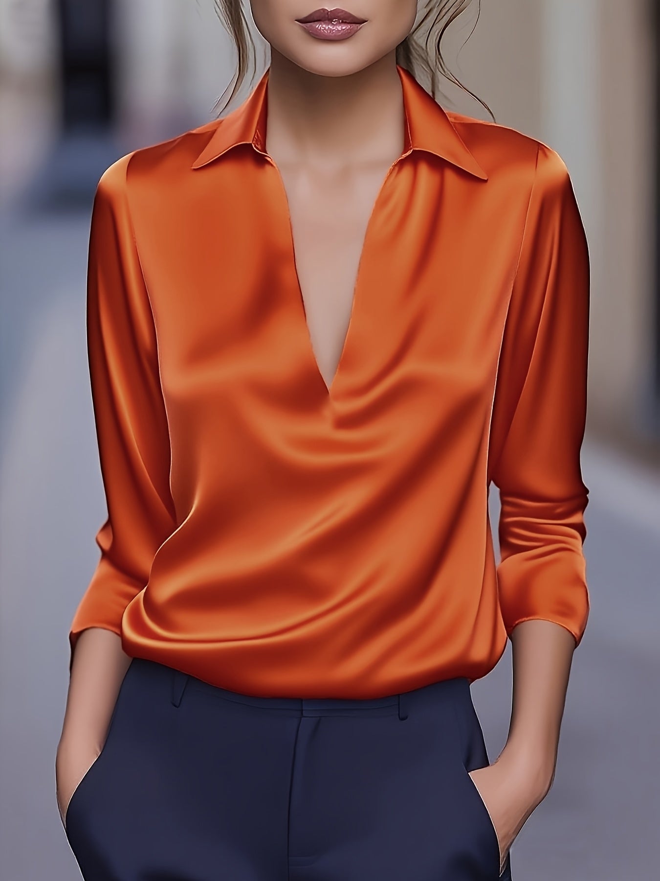 Kyrra – Satin V Neck Long Sleeve Blouse