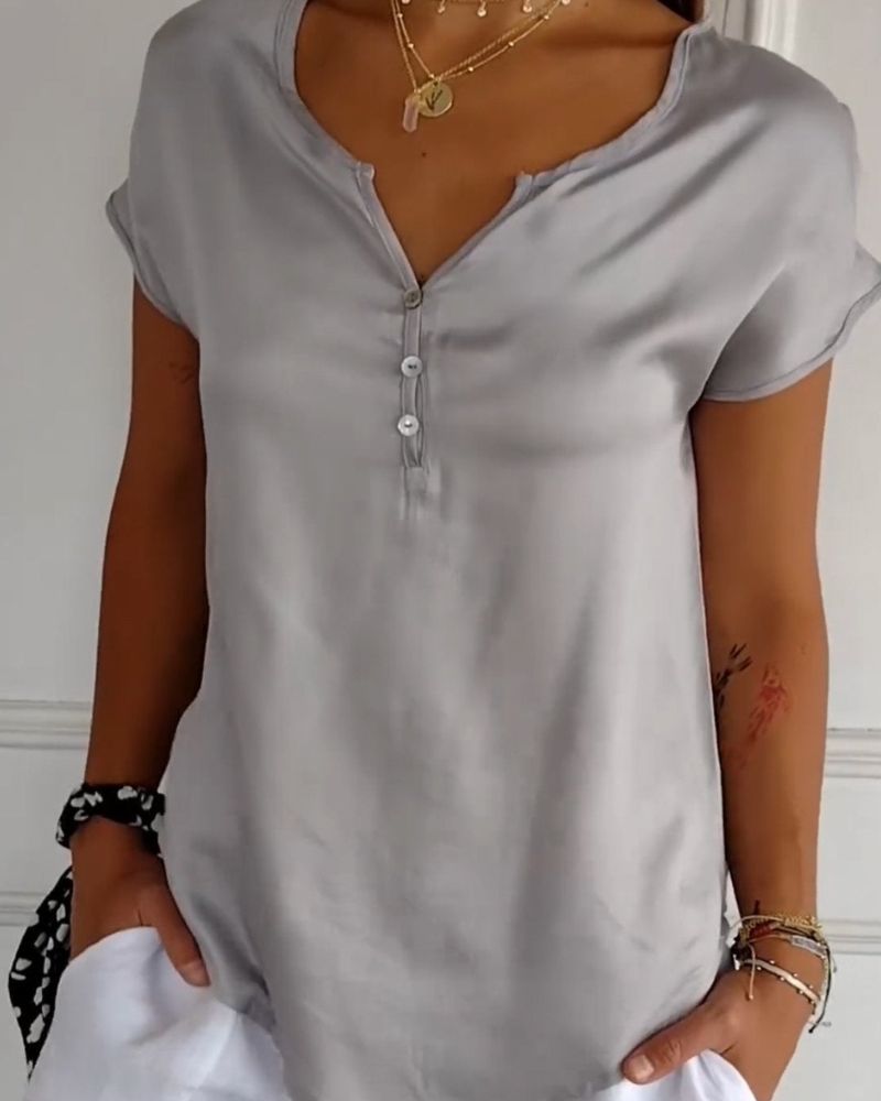 Julity | Button Neck Short Sleeve Relaxed Blouse