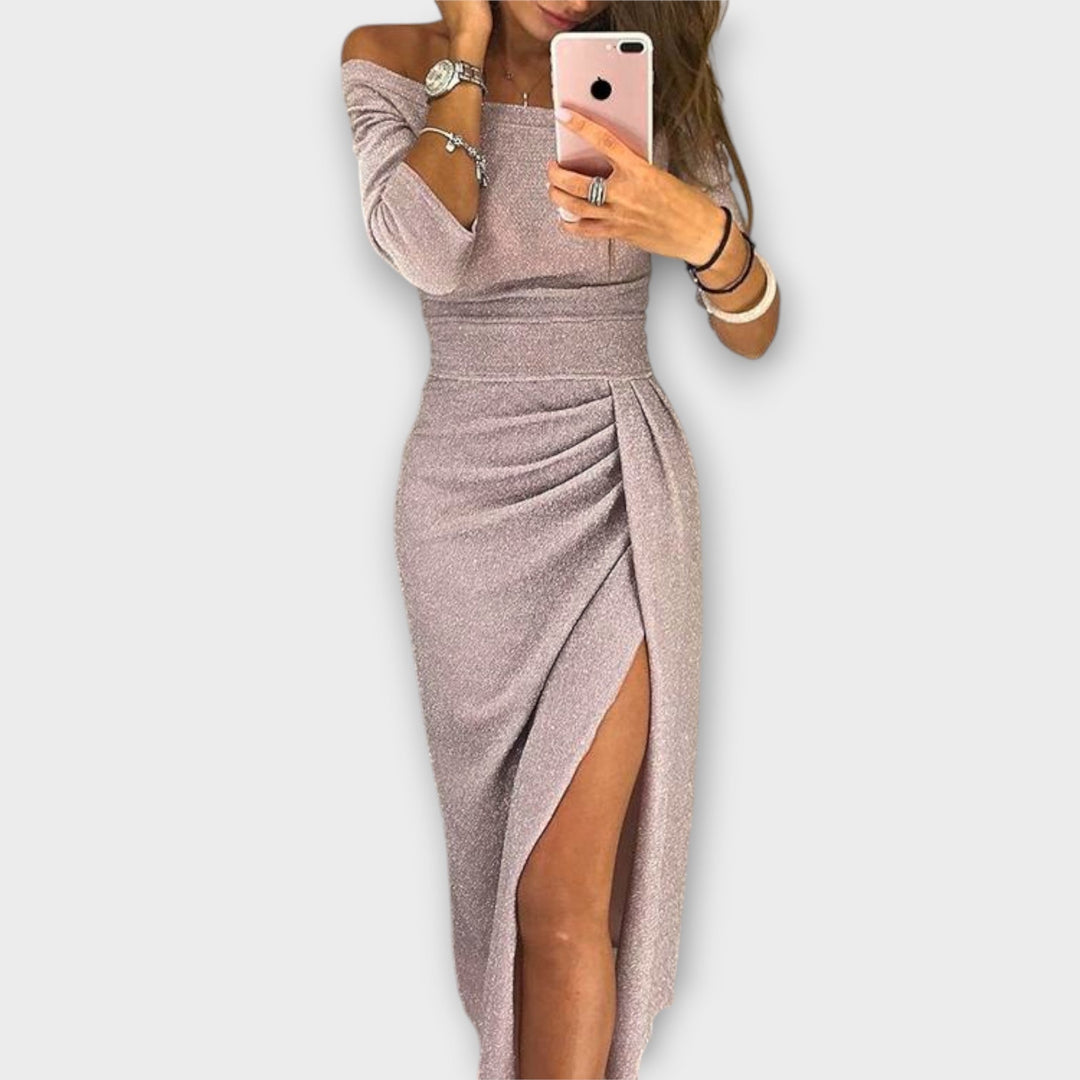 Minjee -  Off Shoulder Ruched Midi Split Dress