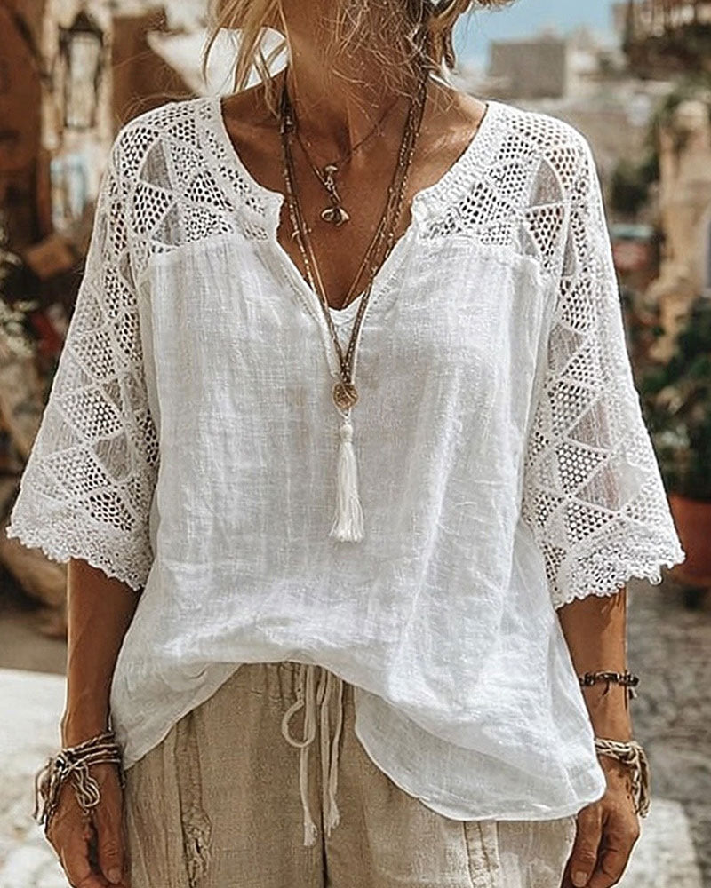 Essien - Lace Sleeve Loose Fit V Neck Blouse