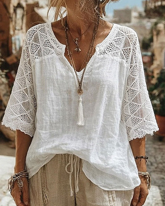 Essien - Lace Sleeve Loose Fit V Neck Blouse