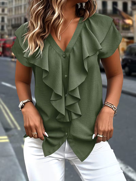 Salma - Ruffle Front V Neck Button Blouse