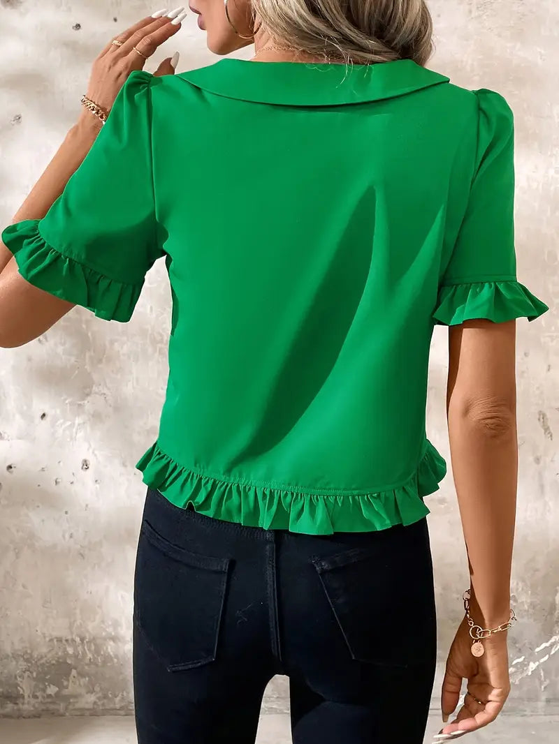 Foteini - Short Sleeve Ruffle Hem Button Blouse