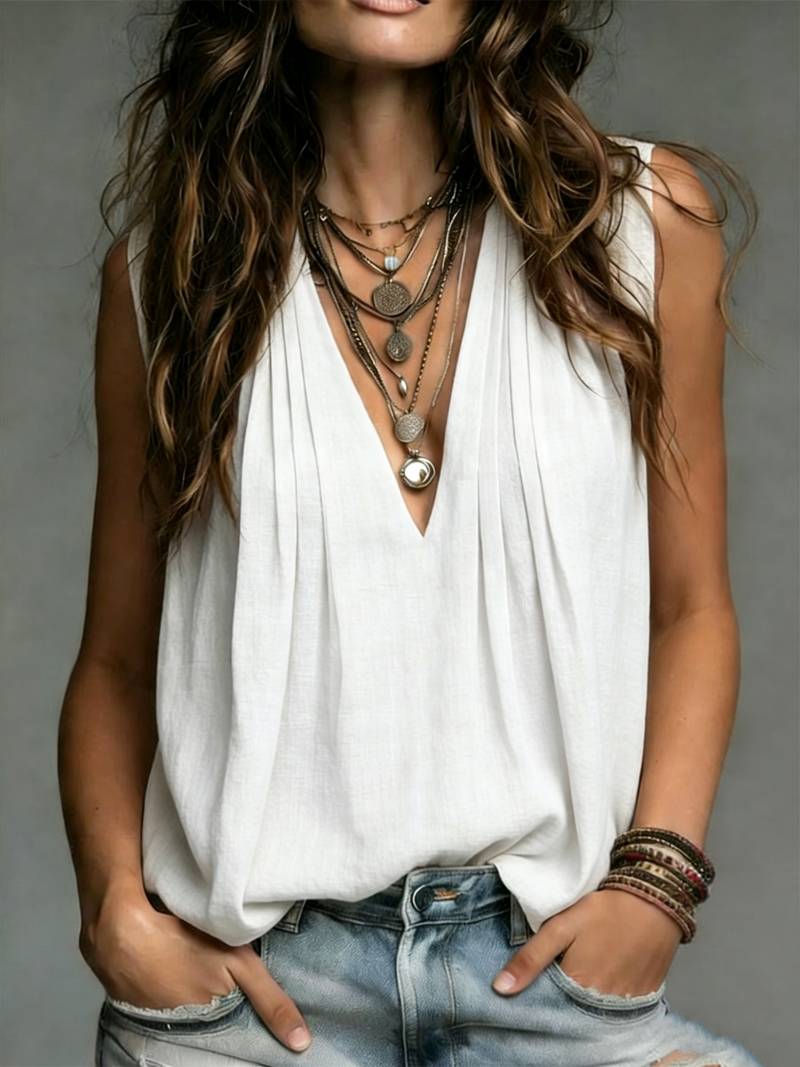 Reem | Sleeveless Pleated Deep V-Neck Blouse