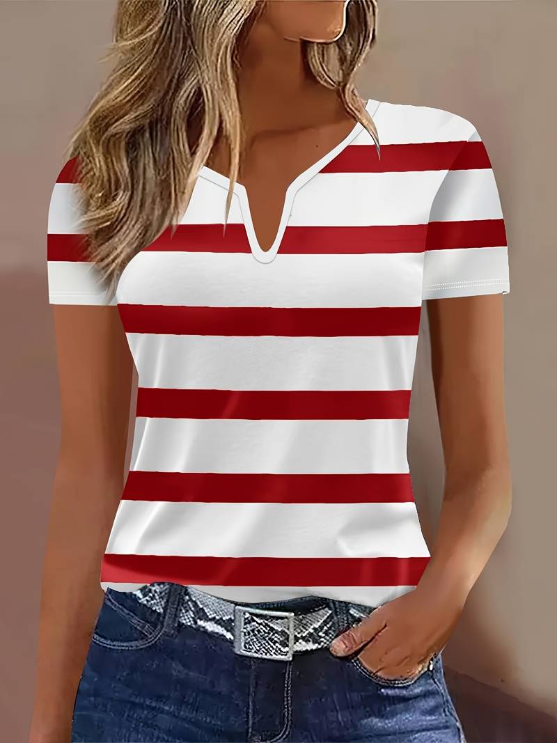 Kiley | Striped Short Sleeve Notch Neck T-Shirt