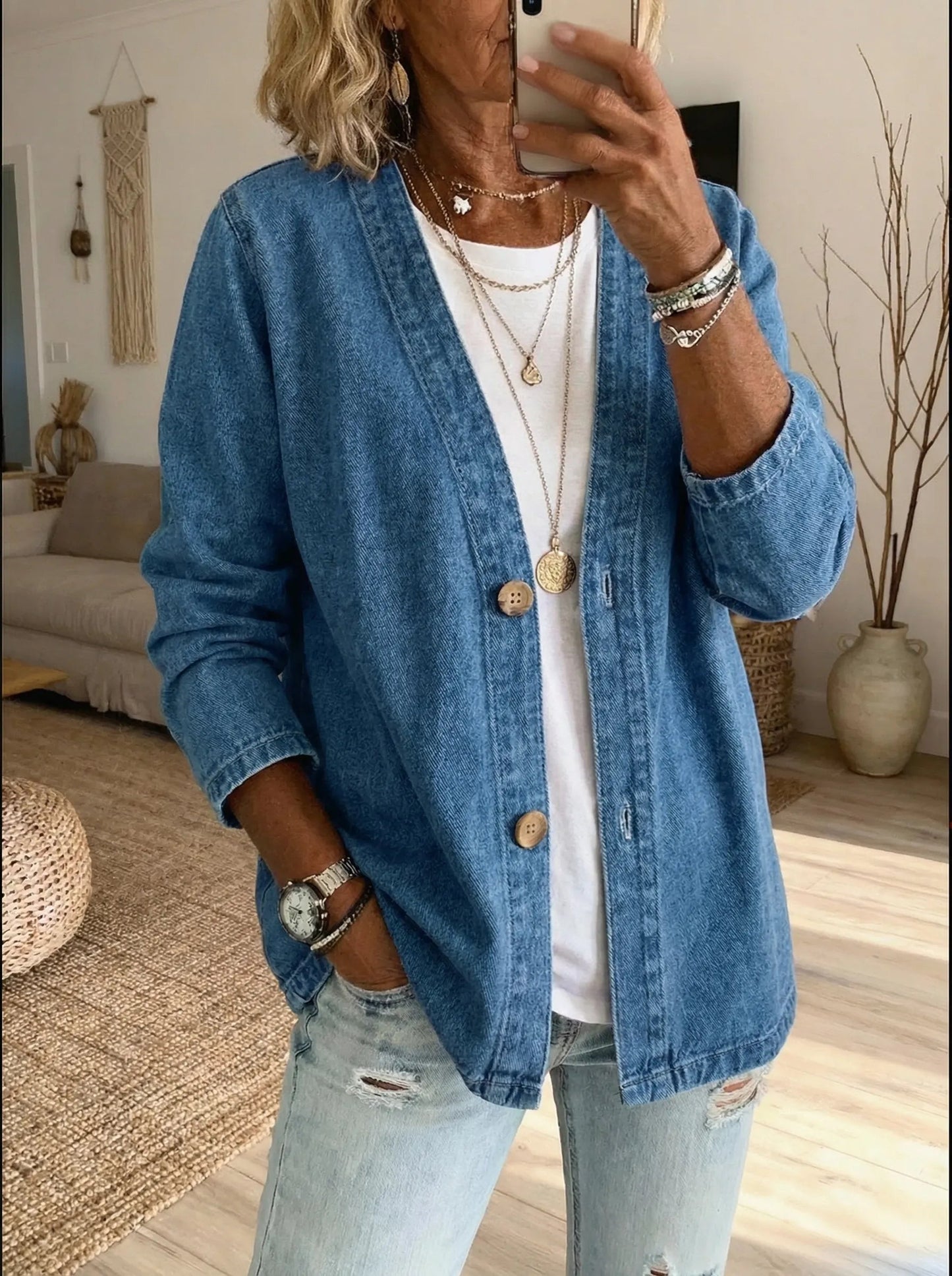 Helama | Denim Style Button Front Relaxed Jacket