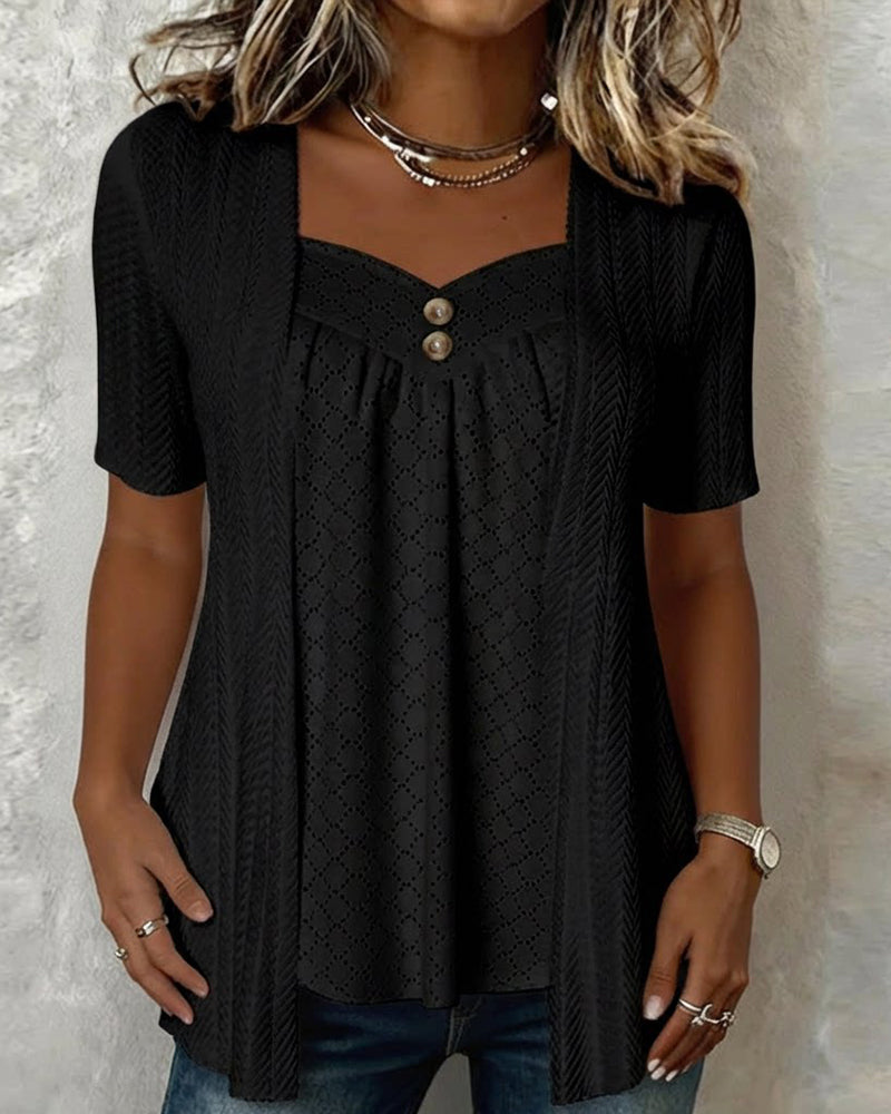 Shilina | Patchwork Square Neck Short Sleeve Blouse