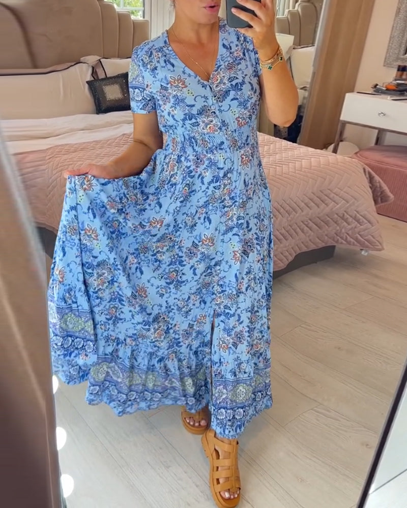 Wibia | Floral Print V-Neck Button Front Midi Dress With Short Sleeves