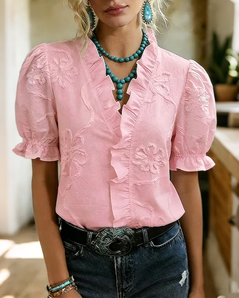 Lillynn | V Neck Floral Textured Puff Sleeve Blouse