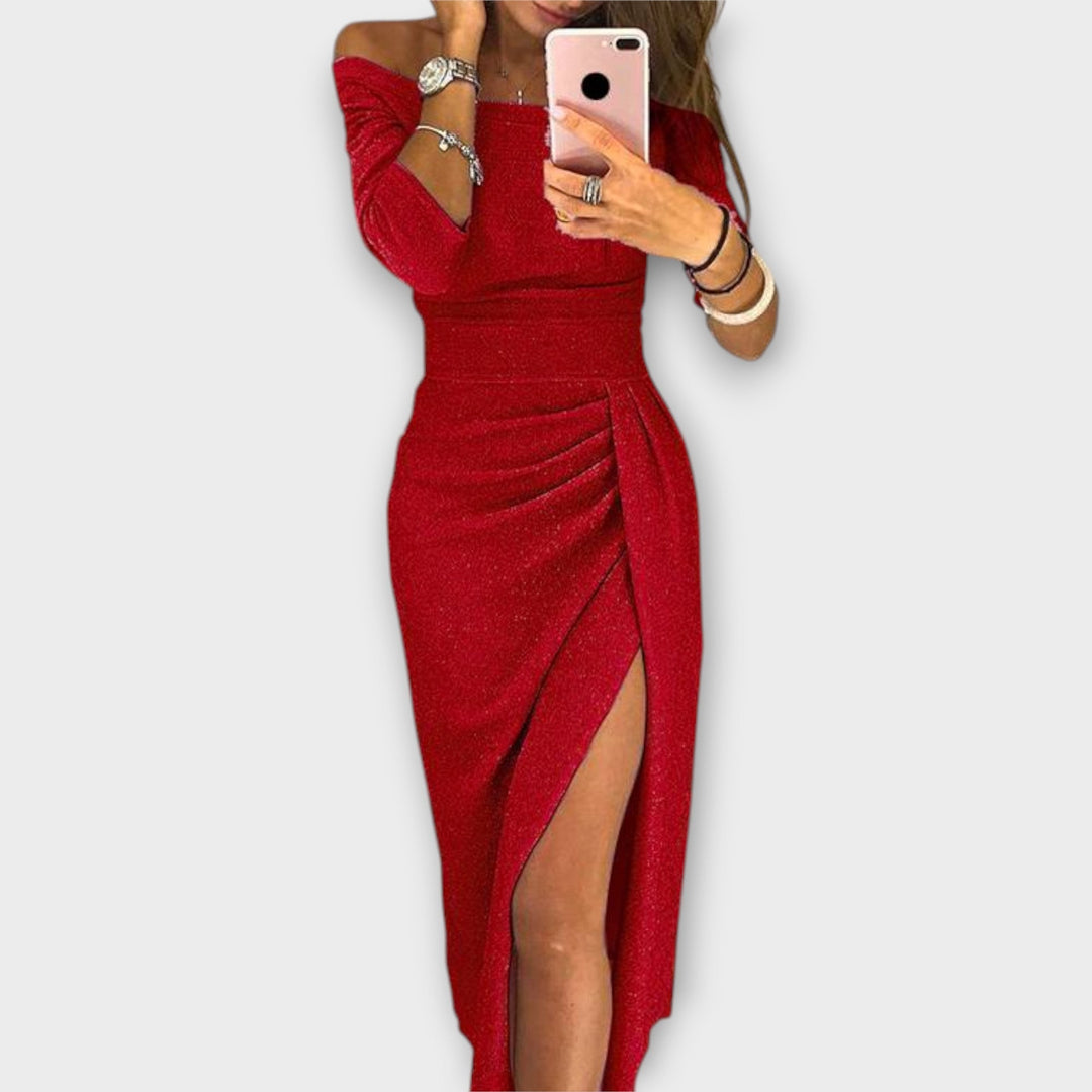 Minjee -  Off Shoulder Ruched Midi Split Dress
