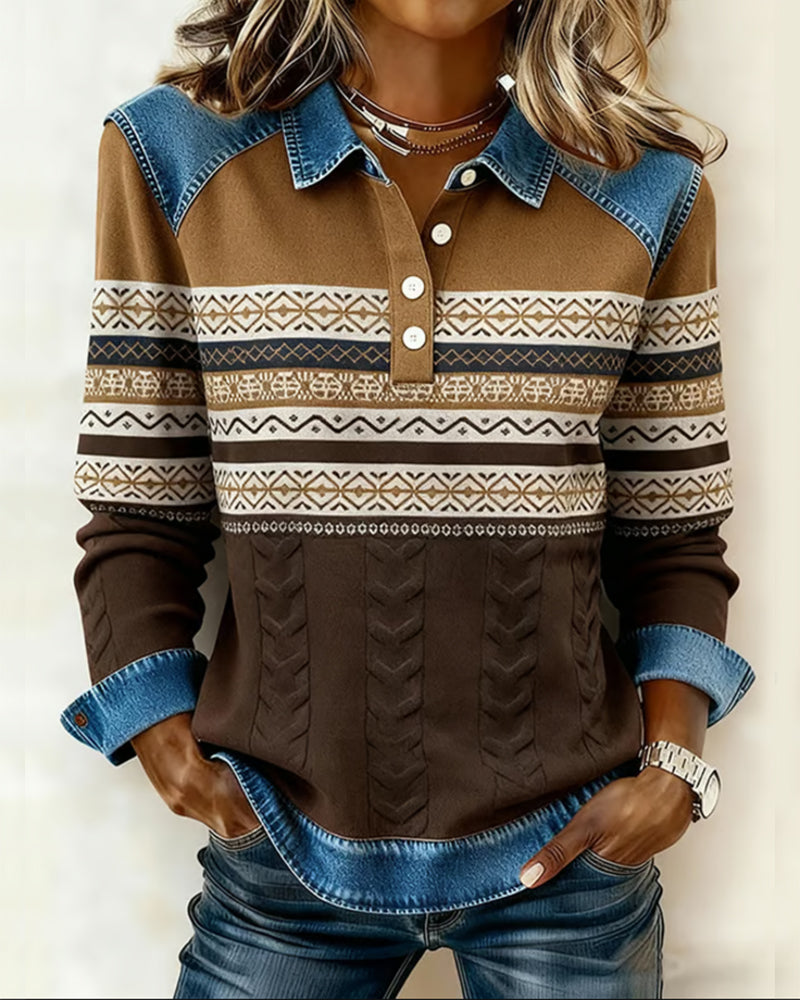 Jenny | Geometric Print Sweater with Collared Neckline