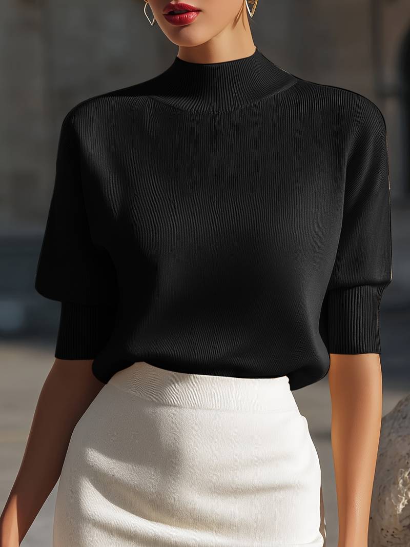 Jenni | Mock Neck Ribbed Short Sleeve Top