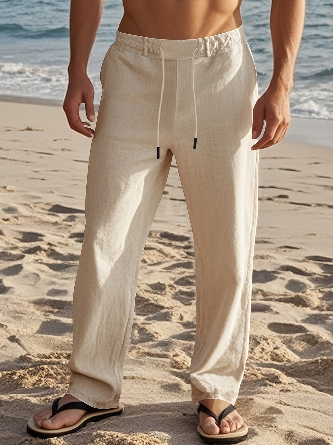 Erikas | Linen-Style Drawstring Straight Leg Casual Trousers