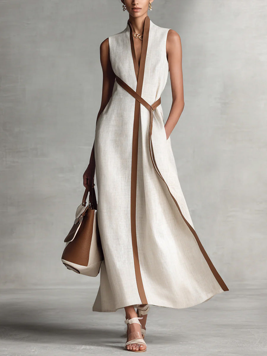 Hirusha | Sleeveless Linen Style Belted Maxi Dress