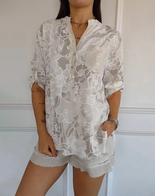 Narese | Floral Print V-Neck Roll Sleeve Blouse