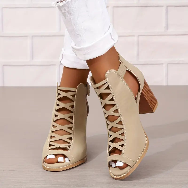 Ruzilya | Chunky Heel Peep Toe Lace-Up Sandals