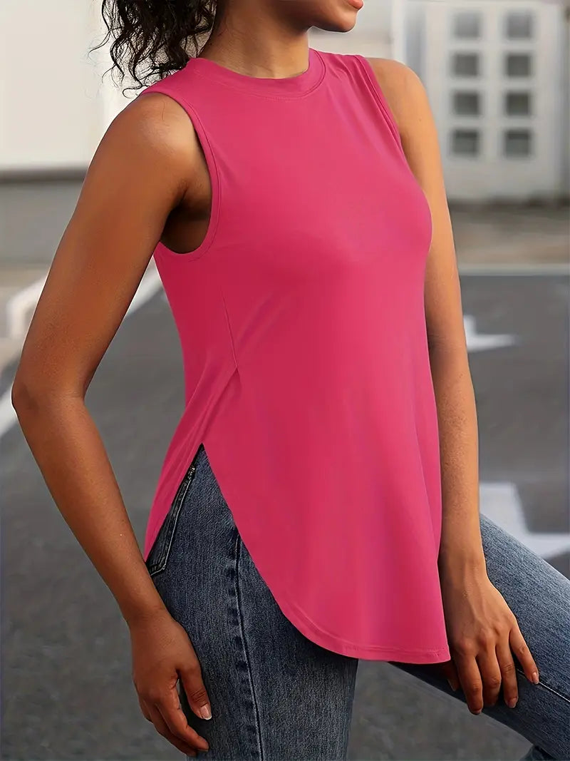 Desirae | Sleeveless Round Neck Curved Hem Top