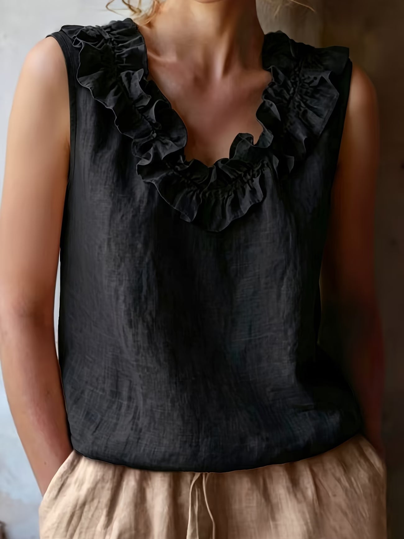 Safiya | Sleeveless Ruffle Neck Relaxed Blouse