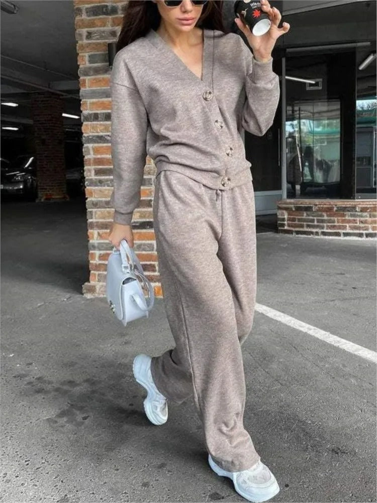 Anisa | Knitted V-Neck Button Cardigan Lounge Set