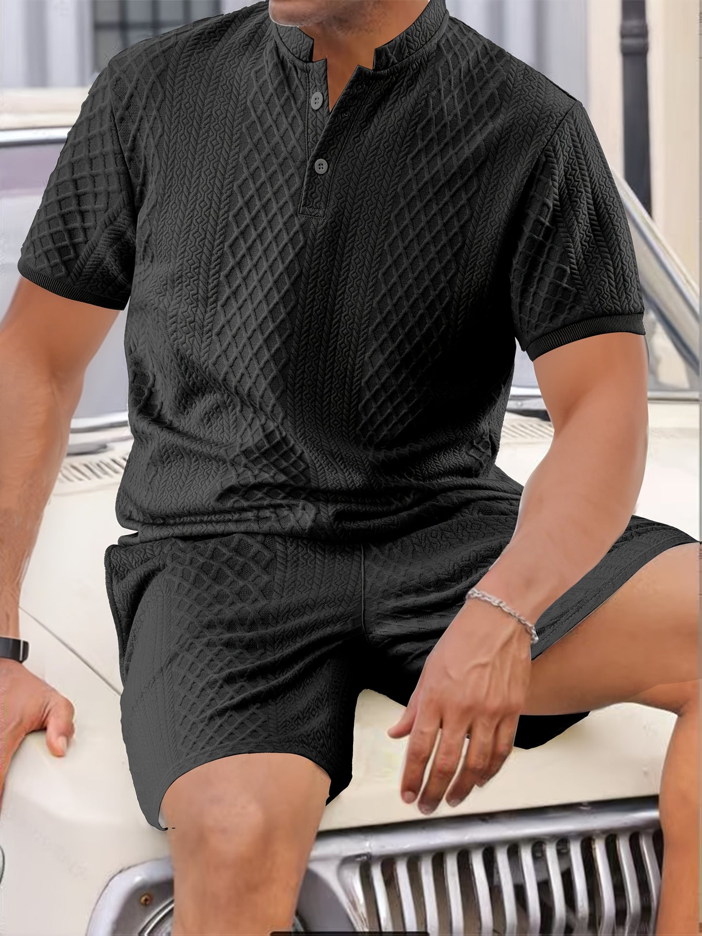 Reginald | Textured Henley Shirt and Shorts Set
