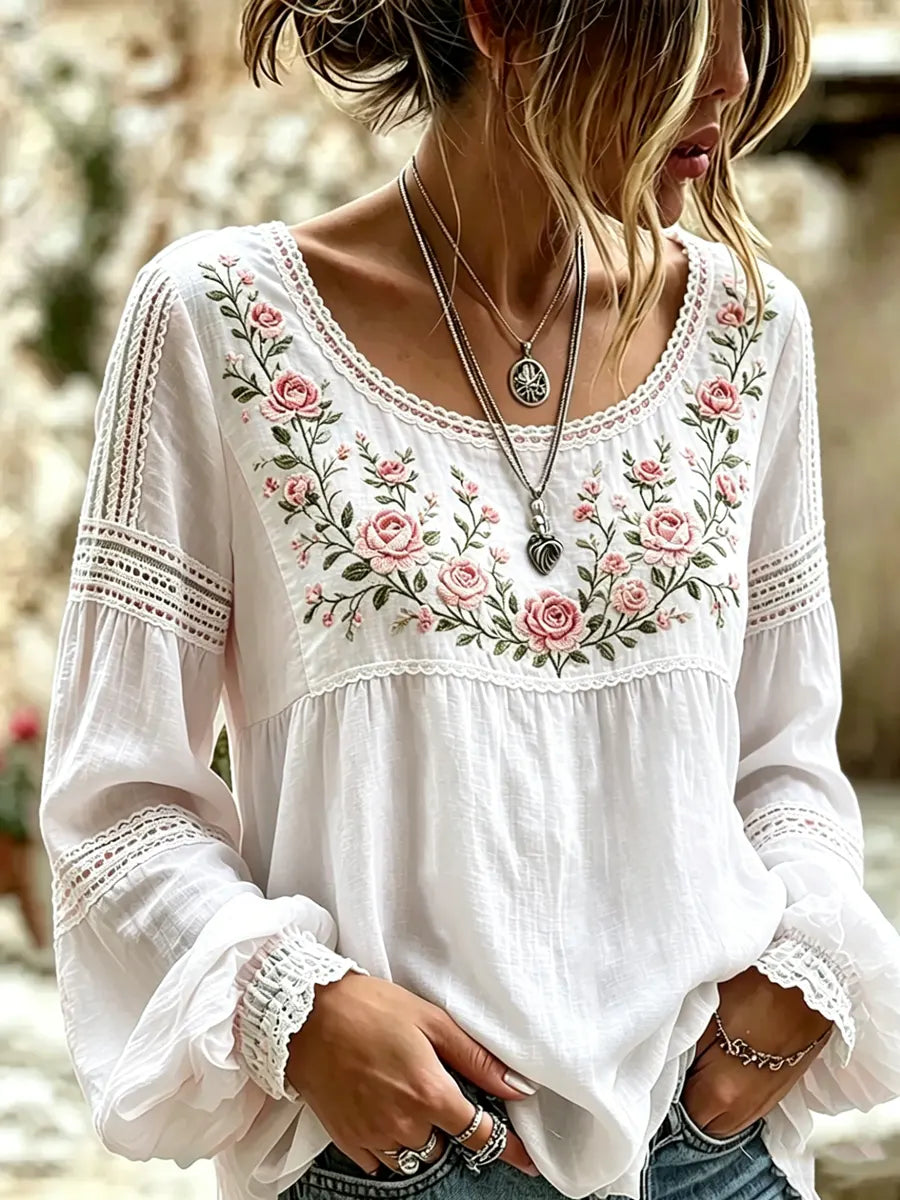 Esraa | Floral Embroidered Lace Trim Blouse