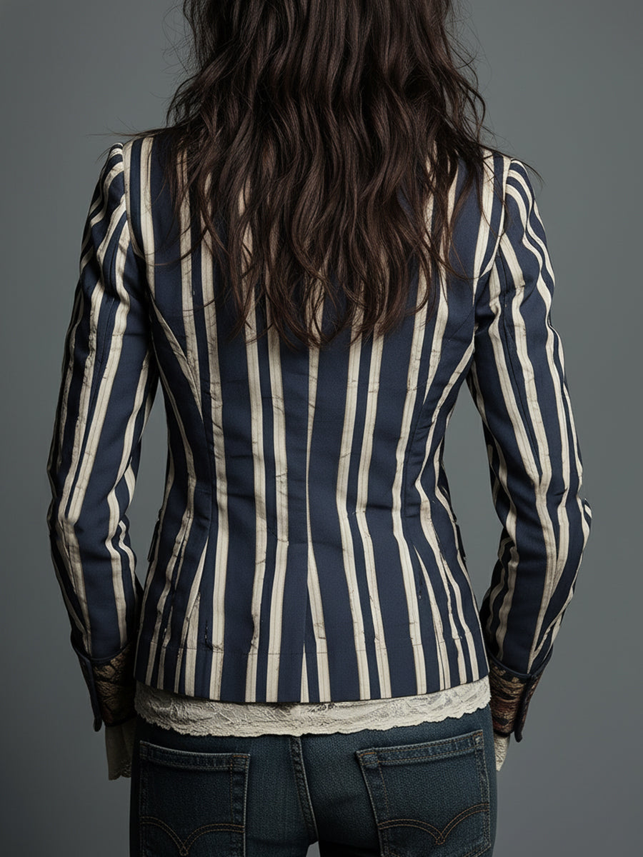 Shalisa - Striped Floral Trim Tailored Blazer