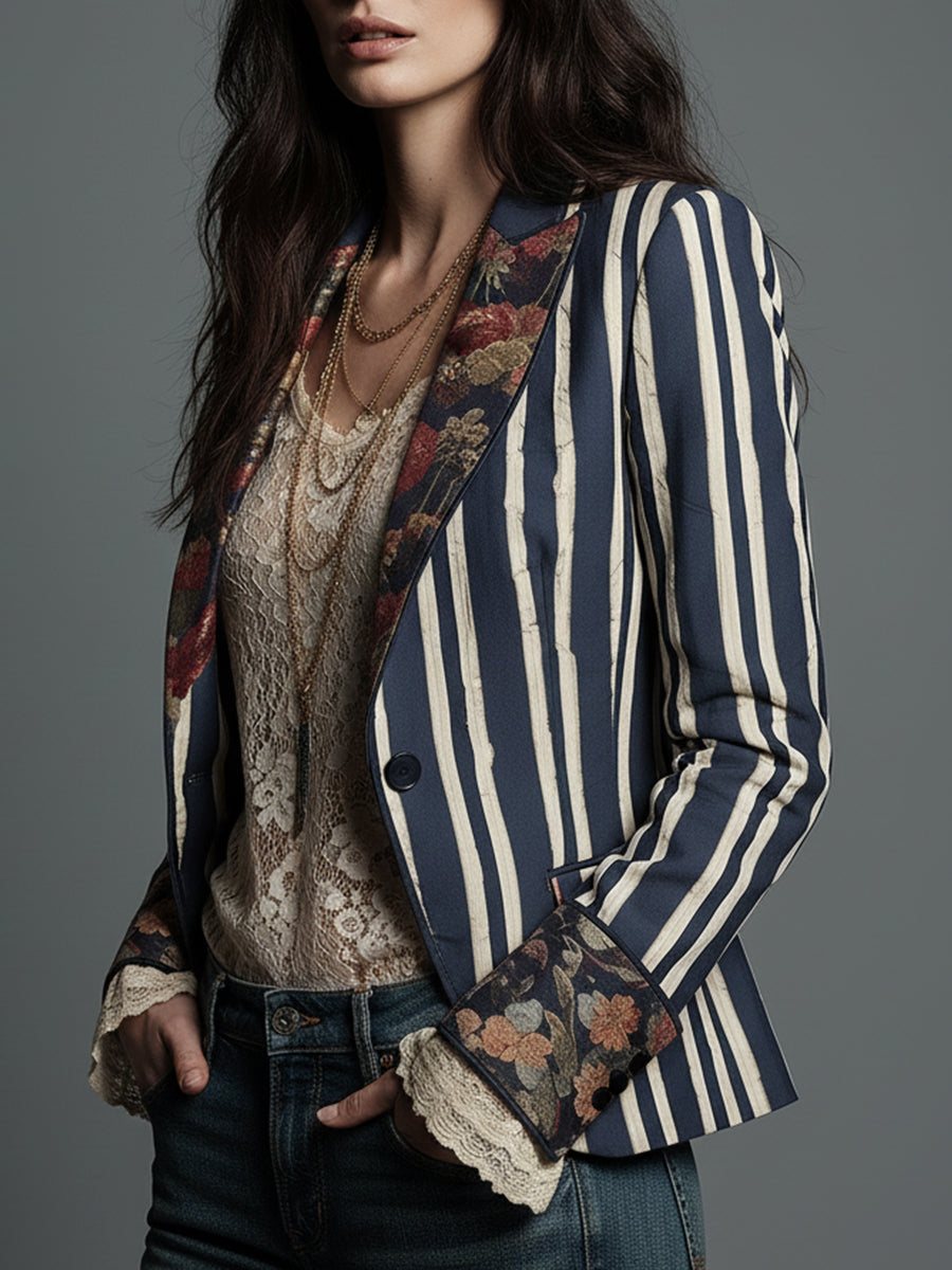Shalisa - Striped Floral Trim Tailored Blazer