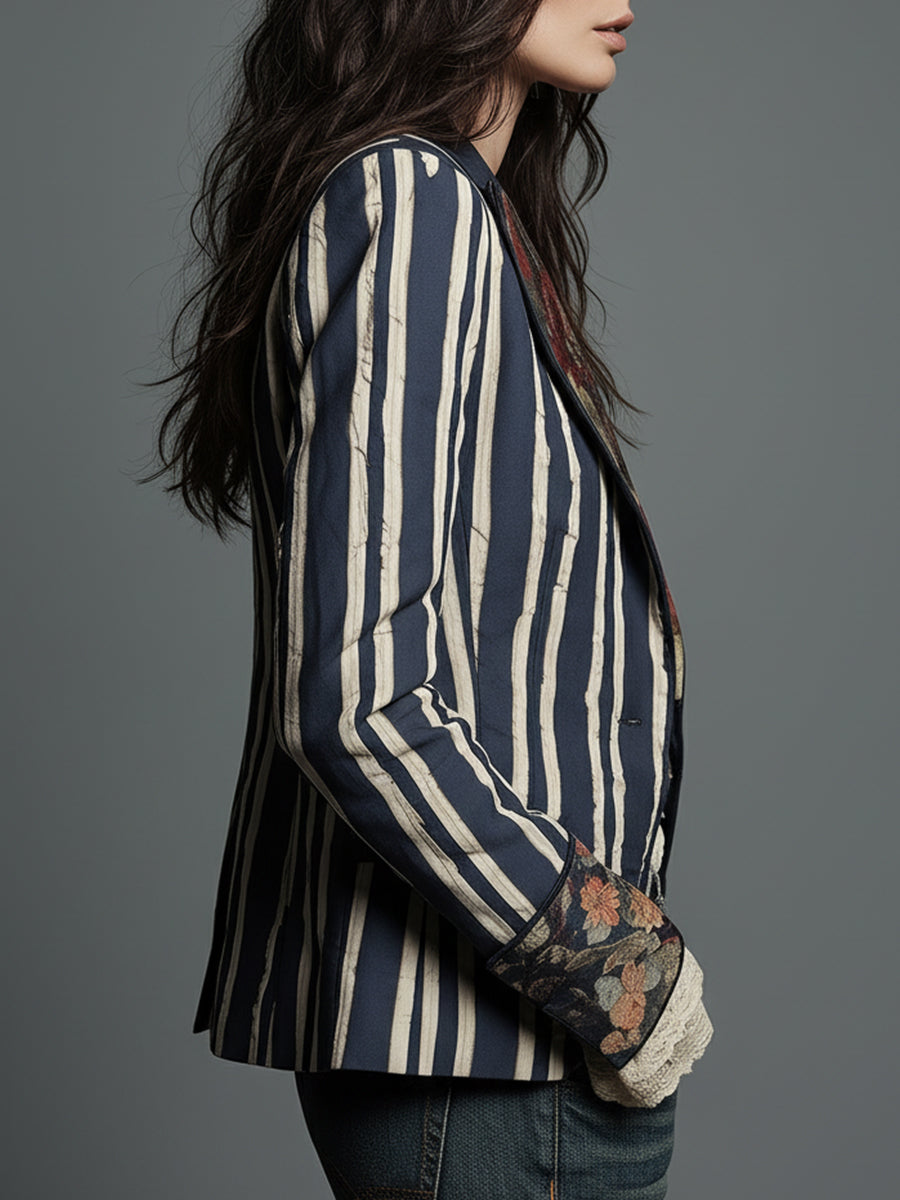 Shalisa - Striped Floral Trim Tailored Blazer