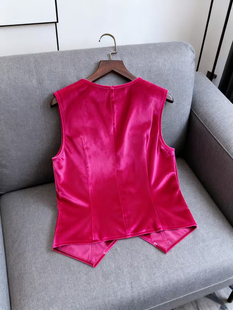 Silje | Velvet-Style Button Front Sleeveless Waistcoat Top