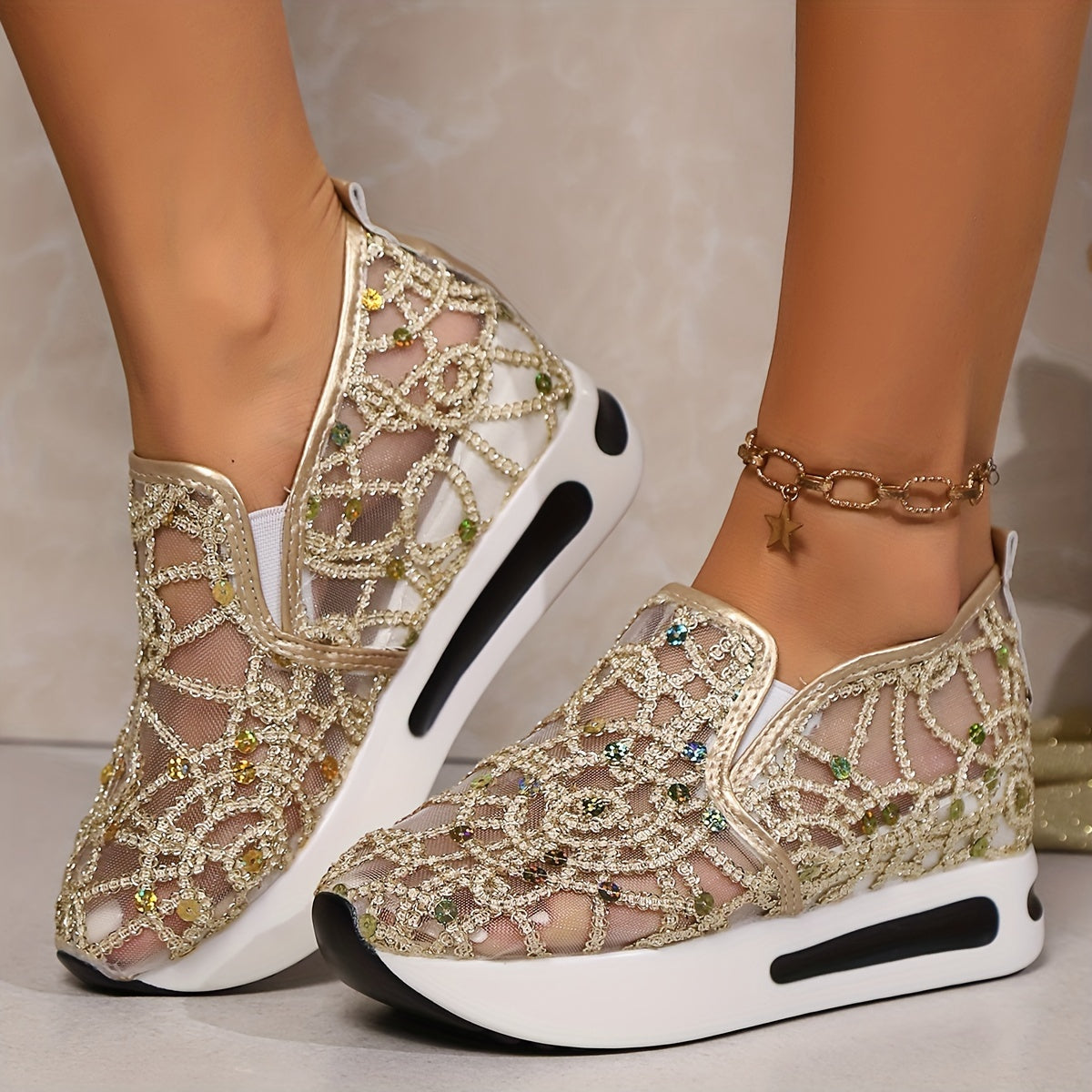 Heleen - Sequined Wedge Slip On Trainers