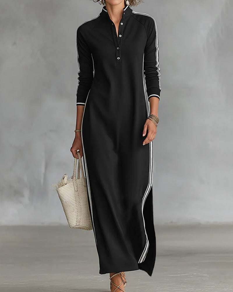 Sirilak | Maxi Dress Black Contrast Stripe Buttoned Neck