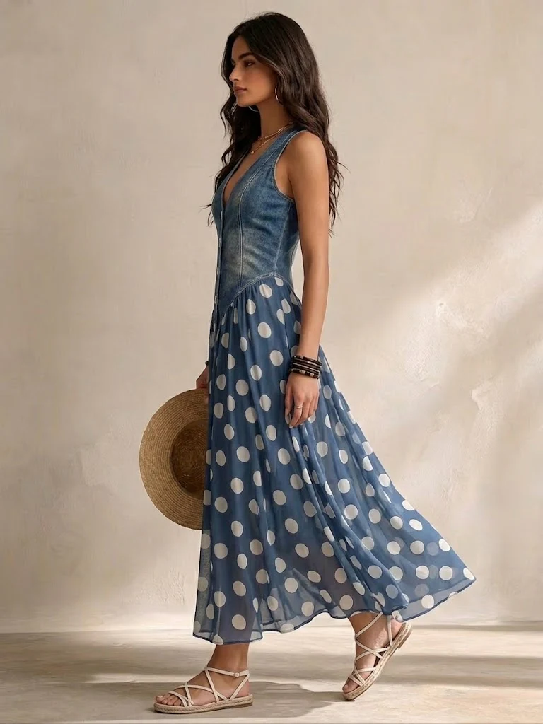 Briisa | Denim Dress with Polka Dot Chiffon Skirt
