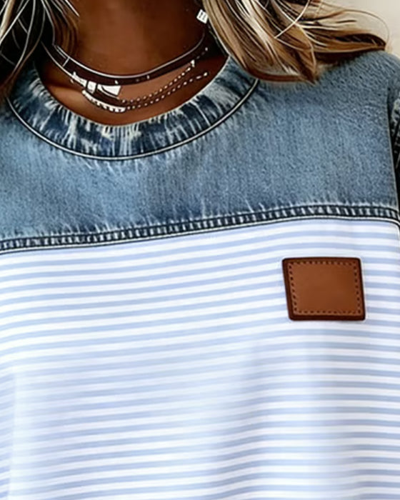 Tessie | Striped Panel Denim-Style Short Sleeve Blouse